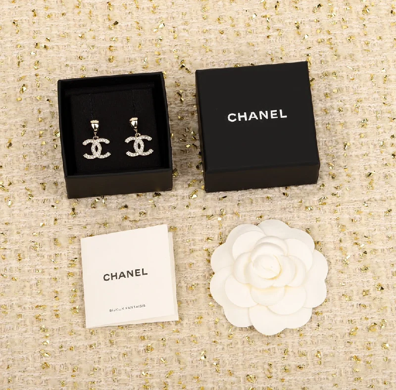 Drop Earrings for Work Attire -Chanel 24B Diamond studded Double C Earrings EHA277