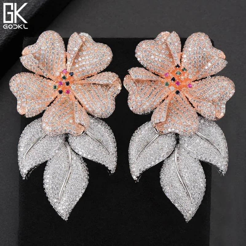 Floral Drop Earrings with Petals -Luxury Flower Leaves Nigerian Long Dangle Earrings