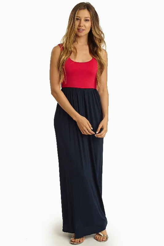 Casual Dresses for Everyday -Fuchsia Navy Colorblock Maxi Dress