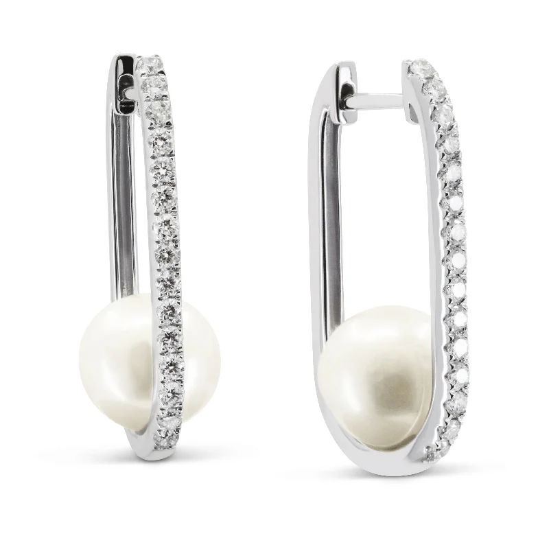 Drop Earrings with Enamel Coating -Ct Pearl Hoops Earrings In 14K White Gold