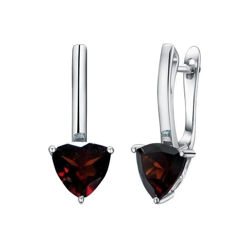 Contemporary Drop Earrings for Fashion -Triangle Shape Natural Garnet 7.0mm Gemstone 925 Sterling Silver Earrings