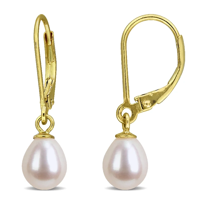 Drop Earrings with Textured Surface -Miadora 6-7mm Cultured Freshwater Drop Pearl Leverback Earrings Yellow Plated Sterling Silver