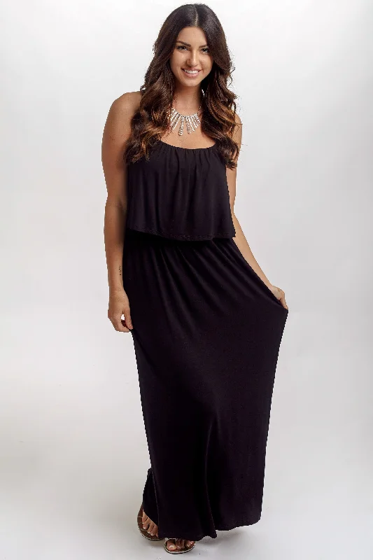 Wrap Dresses for Adjustable -Black Solid Overlay Maxi Dress