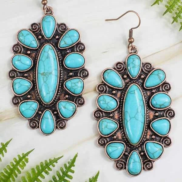 Push Back Drop Earrings for Convenience -Western Scroll & Stone Earrings- 4 Colors