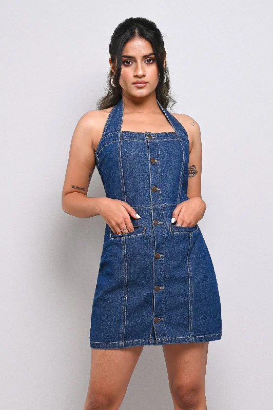 Casual Dresses for Everyday -Halter Fitted Denim Dress