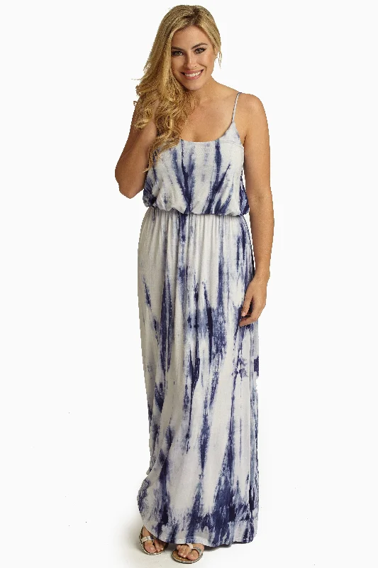 Midi Dresses for Versatile Wear -Navy Blue Tie Dye Maxi Dress