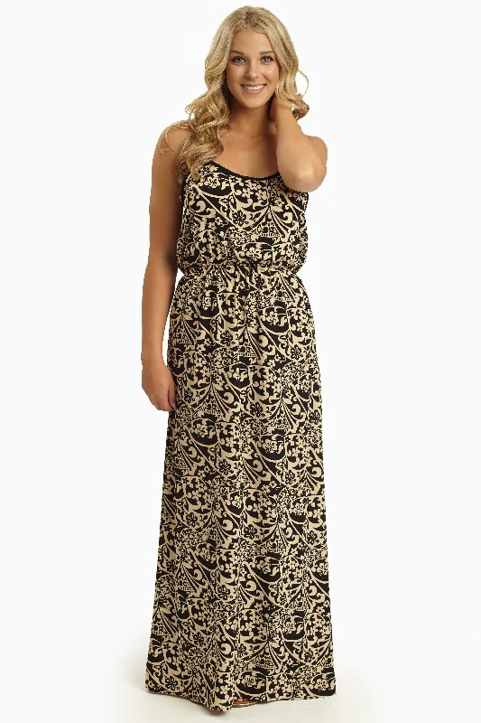 Sleeveless Dresses for Coolness -Black Beige Floral Printed Maxi Dress