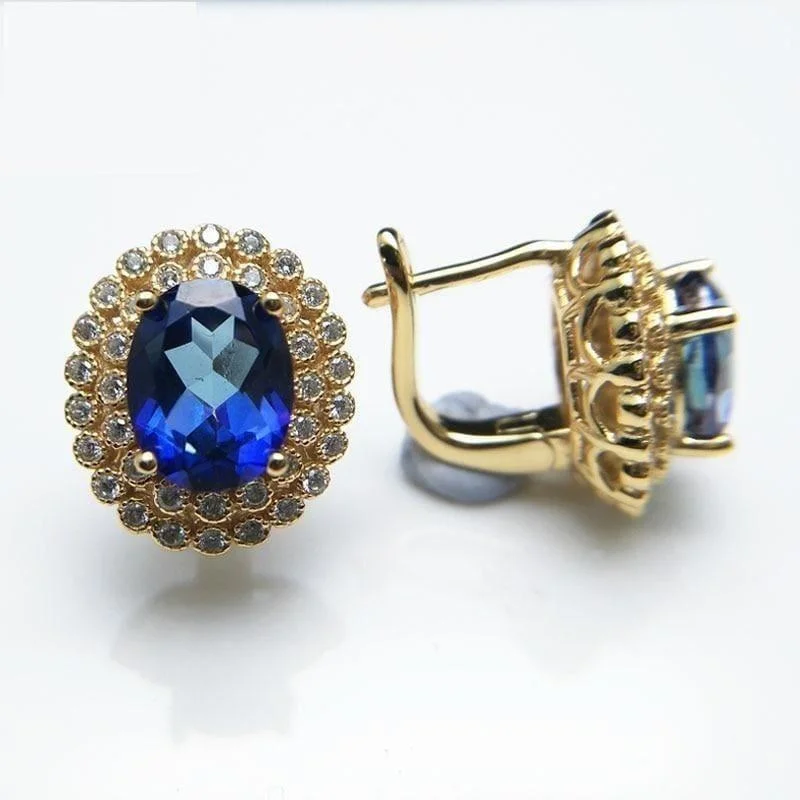 Heavy Duty Drop Earrings for Durability -Vintage Style Mystic Tanzanite Topaz Yellow Gold Clasp Earrings