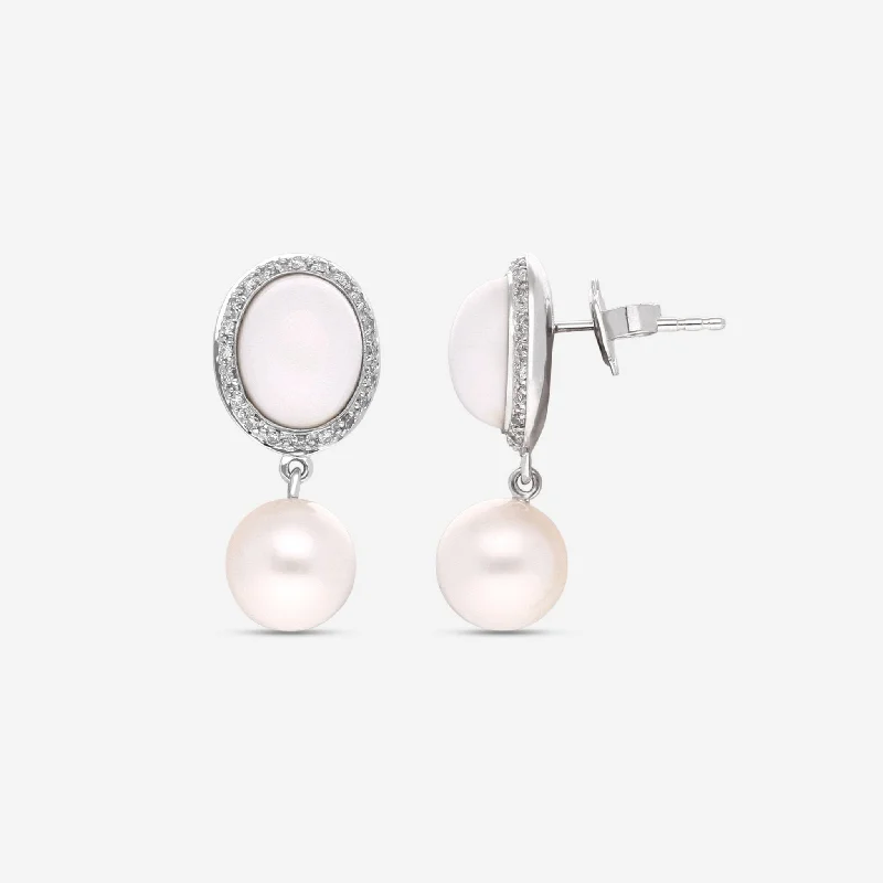 Drop Earrings with Chevron Designs -Mimi Milano Leela 18K White Gold, Diamond, White Agate & Pearl Drop Earrings O319C1A1B-PS