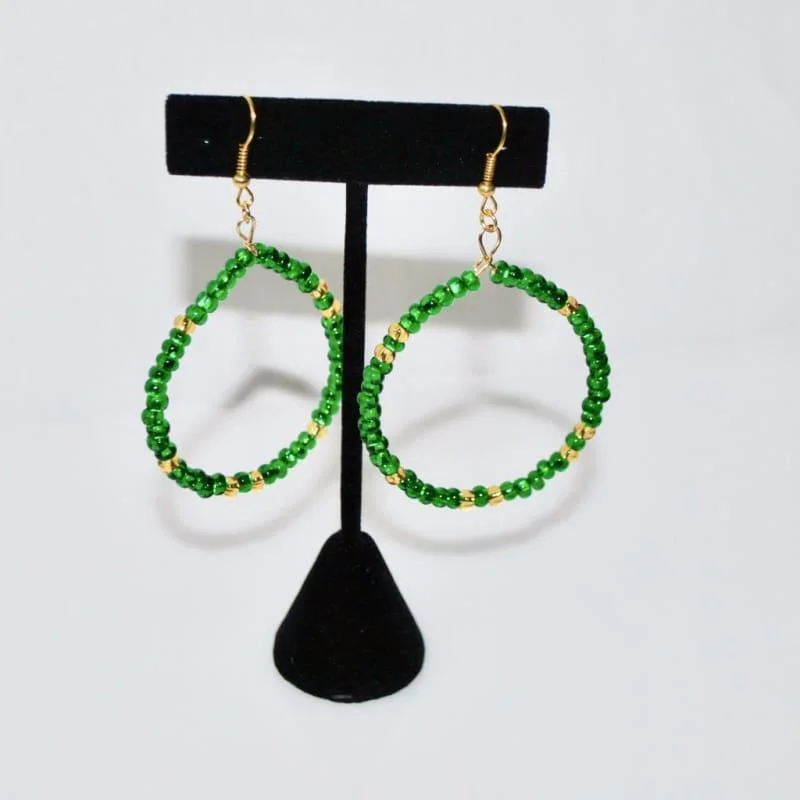 Drop Earrings with Enamel Coating -Emerald And Gold Czech Ascent Hoops Earrings