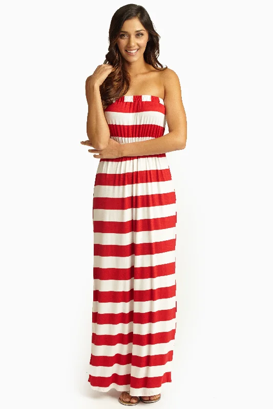 Embroidered Dresses for Detailed -Red White Striped Strapless Maxi Dress