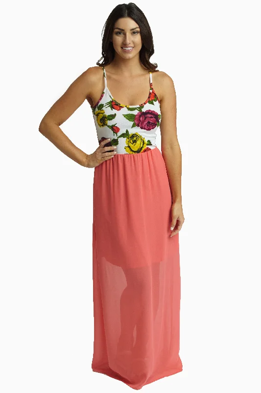 Sequined Dresses for Sparkle -Coral Chiffon Floral Top Maxi Dress