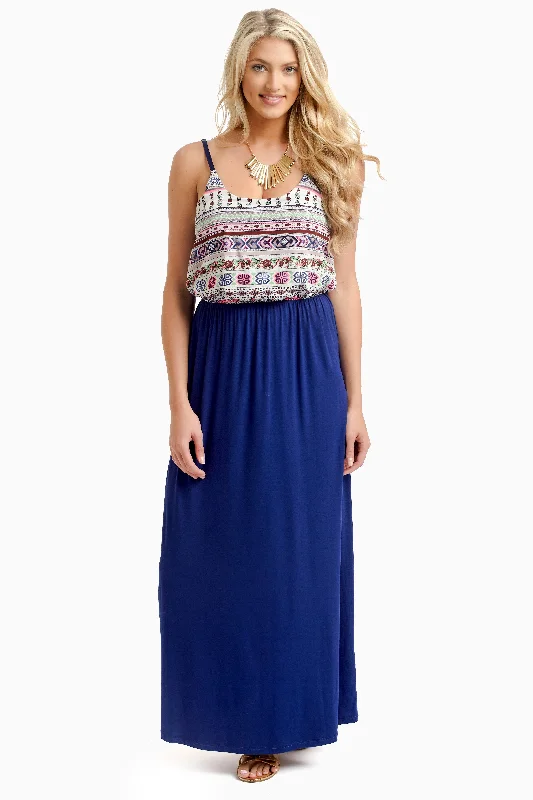 One-shoulder Dresses for Trendy -Navy Blue Printed Top Maxi Dress