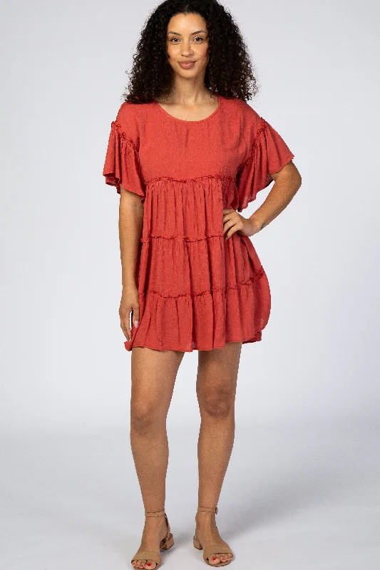 Party Dresses for Celebration -Rust Tiered Mini Dress