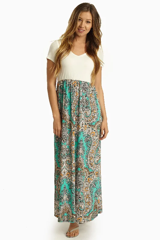 Maxi Dresses for Elegant Style -Mint Green Paisley Print Bottom Maxi Dress