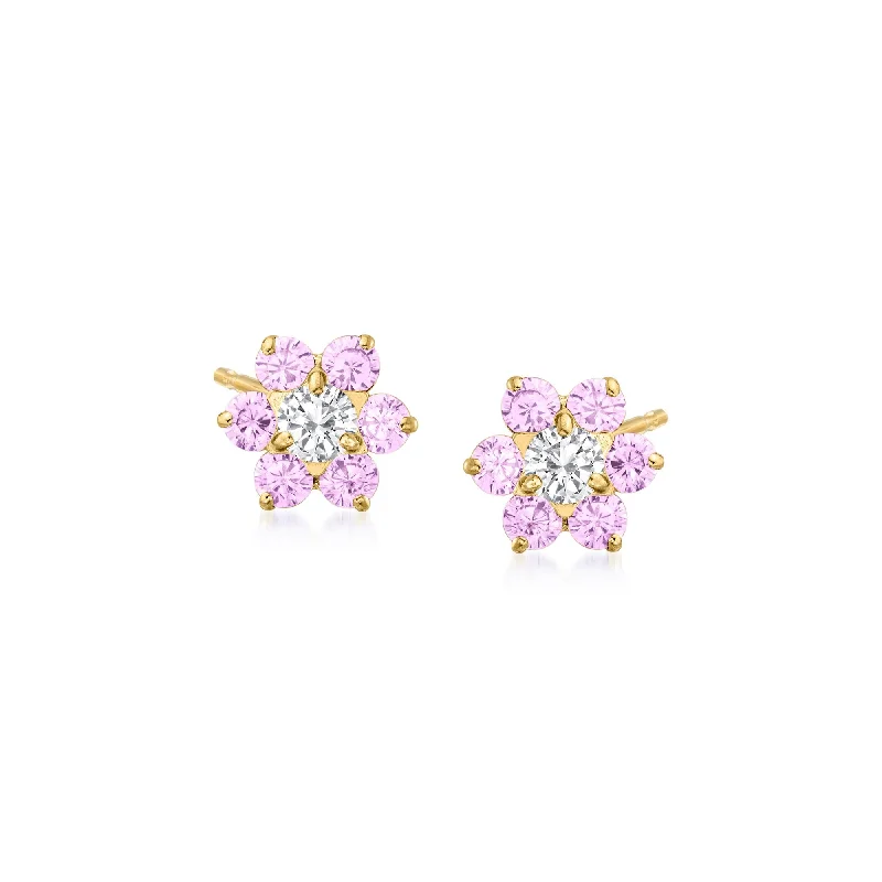 Drop Earrings with Matte Finish -Ross-Simons Child's . Pink and White CZ Flower Earrings in 14kt Yellow Gold