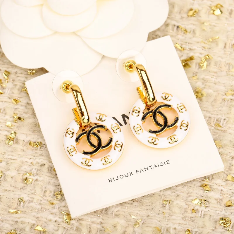 Drop Earrings with Crown Designs -Chanel 24P Black and White Double C Gold Earrings EHA207