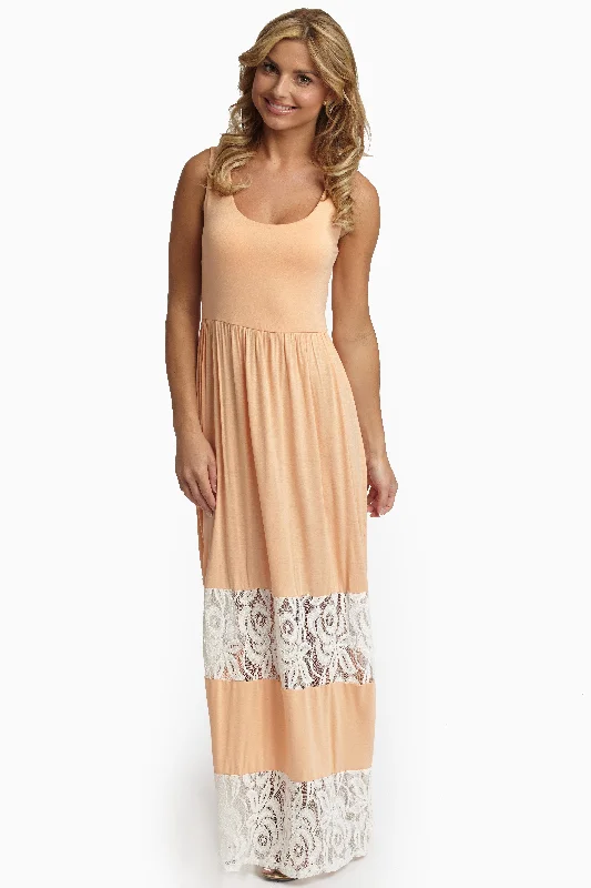 Short-sleeved Dresses for Summer -Peach Lace Colorblock Maxi Dress