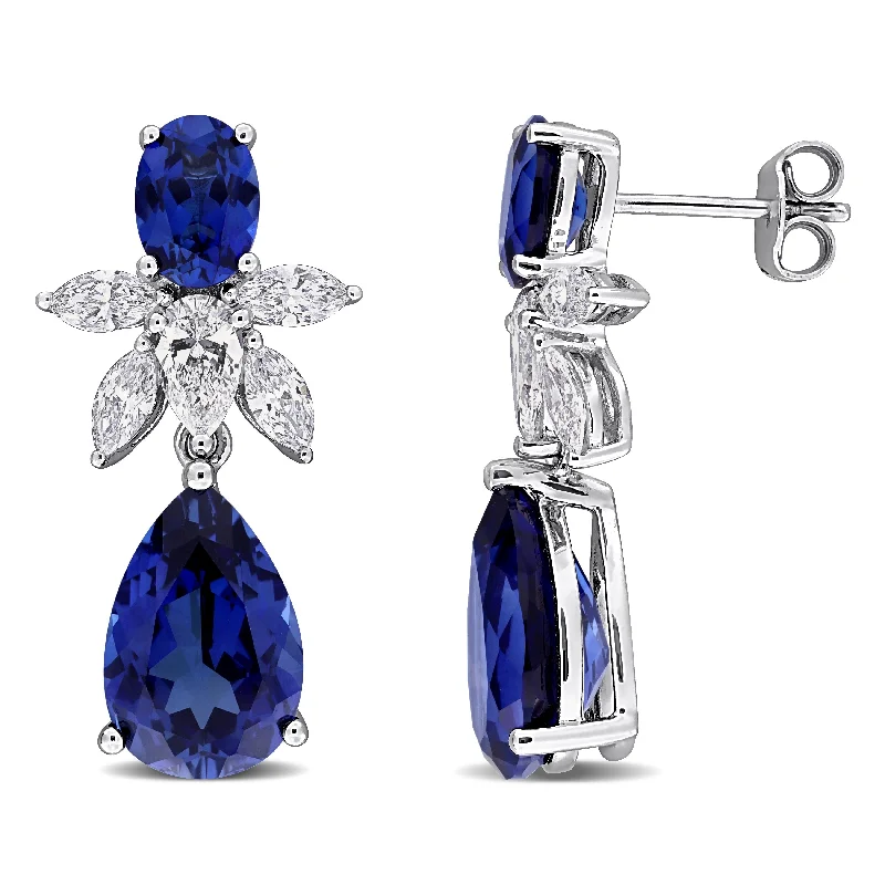 Gemstone Drop Earrings for Color -Created Forever by Miadora 9 7/8ct TGW Created Blue Sapphire 1 5/8ct TW Lab-Grown Diamond Earrings in 18k White Gold