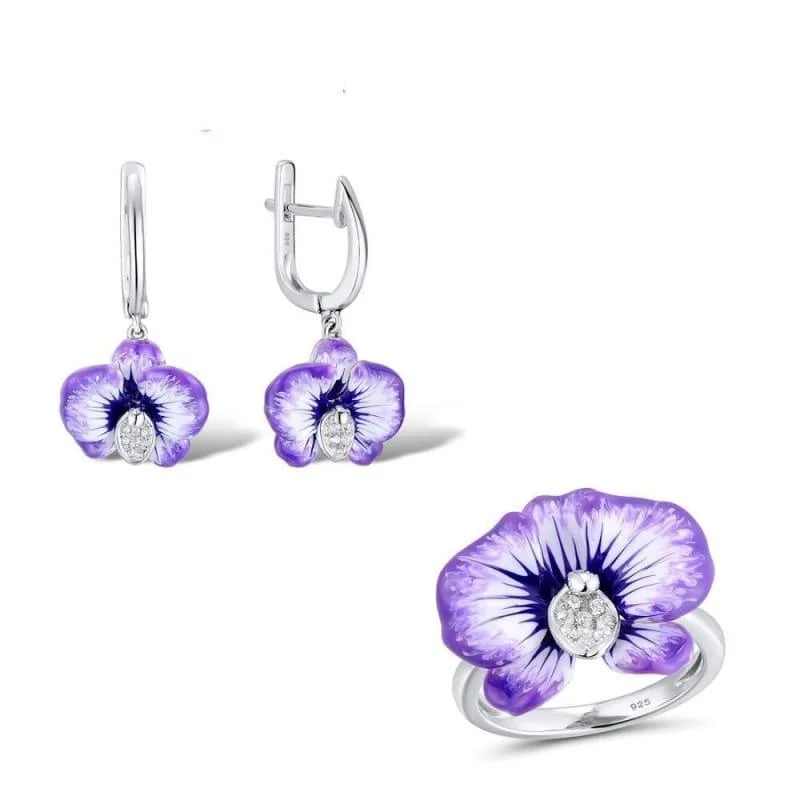 Drop Earrings for Anniversary -Chic Purple Flower Earrings Ring Set 925 Sterling Silver Fashion HANDMADE Enamel Jewelry Set