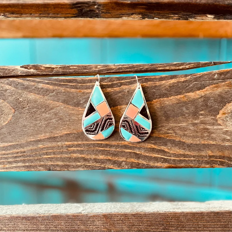 Vintage Drop Earrings with Patina -Mosaic Tear Drop Earrings