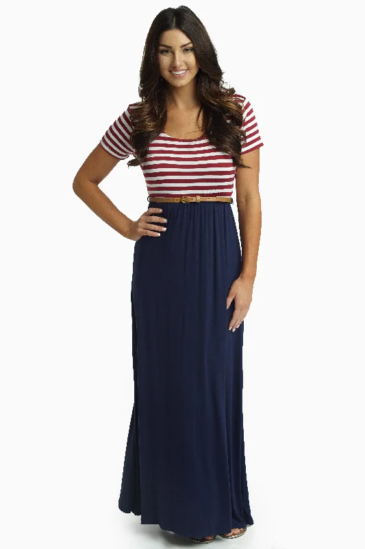 Fringed Dresses for Edgy -Red Striped Top Belted Maxi Dress