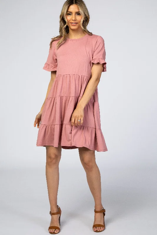 Short-sleeved Dresses for Summer -Pink Tiered Short Sleeve Dress