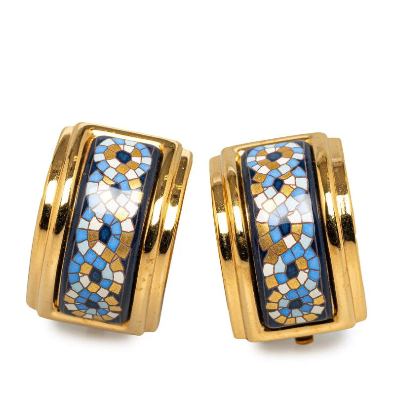 Drop Earrings with Debossed Designs -Hermes Enamel Patterned Clip-On Earrings Gold Blue