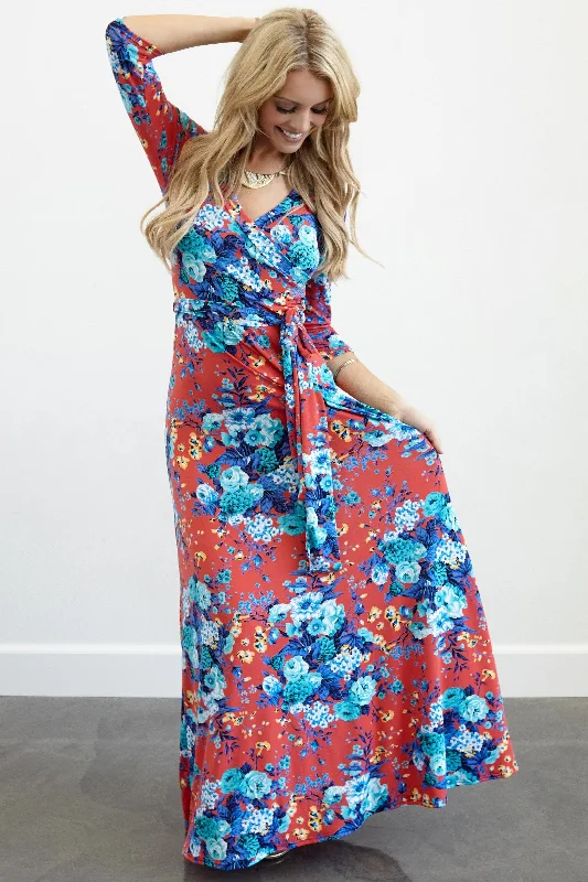 Maxi Dresses for Elegant Style -Red Floral Draped 3/4 Sleeve Maxi Dress