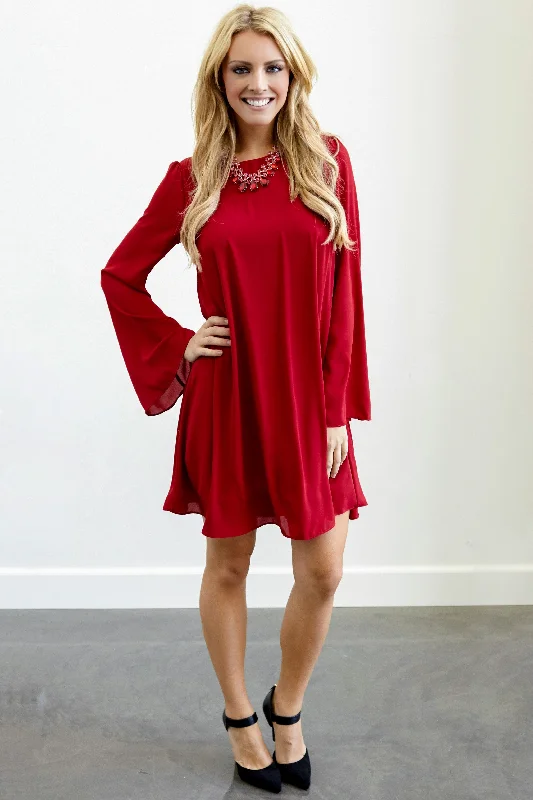 Short-sleeved Dresses for Summer -Red Chiffon Bell Sleeve Dress