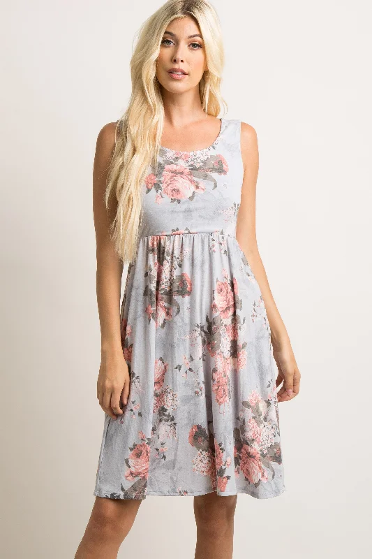 Ruffled Dresses for Girly -Light Grey Floral Sleeveless Dress