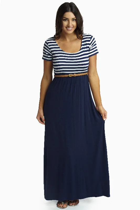 Beaded Dresses for Glamour -Navy Blue Striped Top Belted Maxi Dress