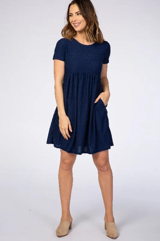 Tiered Dresses for Voluminous -Navy Swiss Dot Short Sleeve Dress