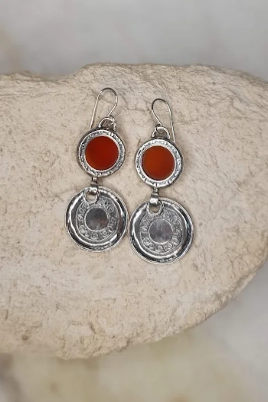 Drop Earrings with Embossed Patterns -Sigalia Silver and Red Earrings