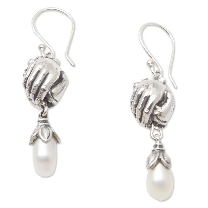 Drop Earrings with Hammered Finish -Novica Handmade Open Harmony Cultured Pearl Dangle Earrings