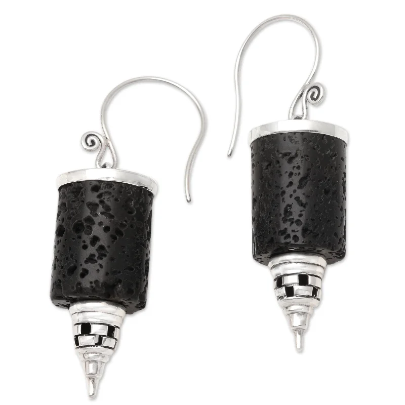 Maximalist Drop Earrings for Bling -Novica Handmade Stupa Pillar Sterling Silver And Lava Stone Dangle Earrings