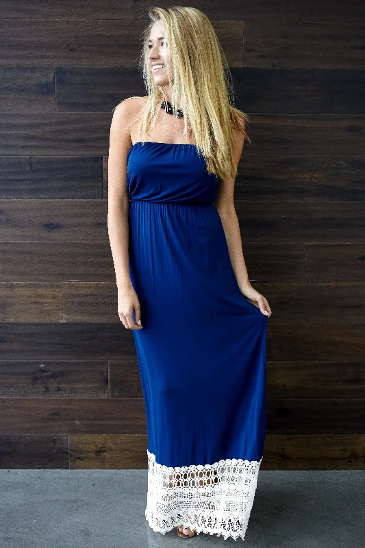 Belted Dresses for Shaping -Navy Blue Crochet Trim Strapless Maxi Dress