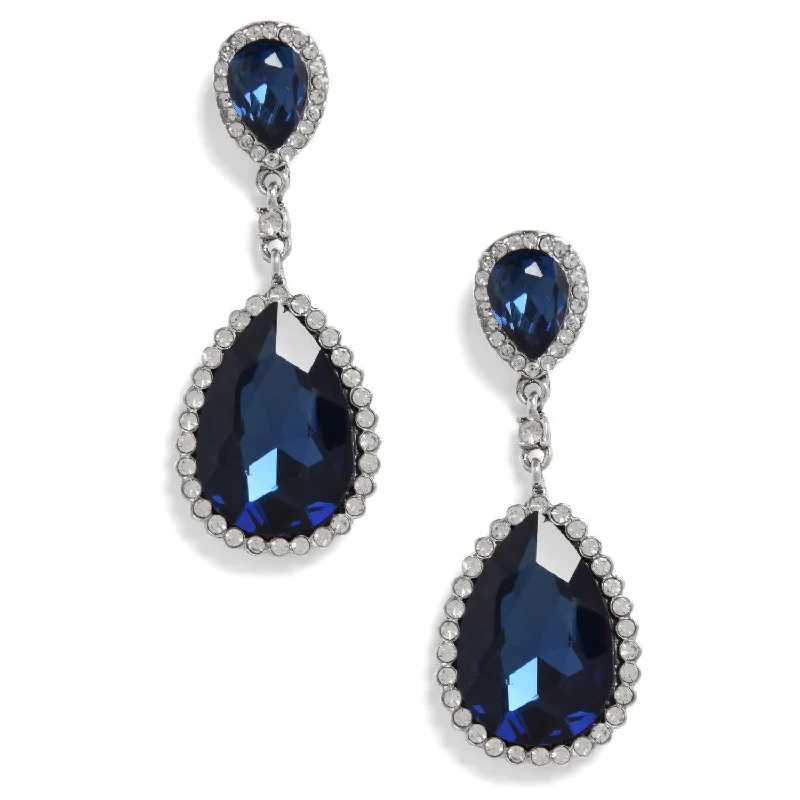 Drop Earrings for Christmas Party -Navy Blue  Silver Toned Teardrop Shaped Drop Earrings