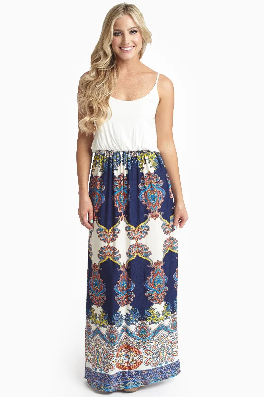 Wool Dresses for Warmth -Navy Floral Paisley Printed Bottom Maxi Dress