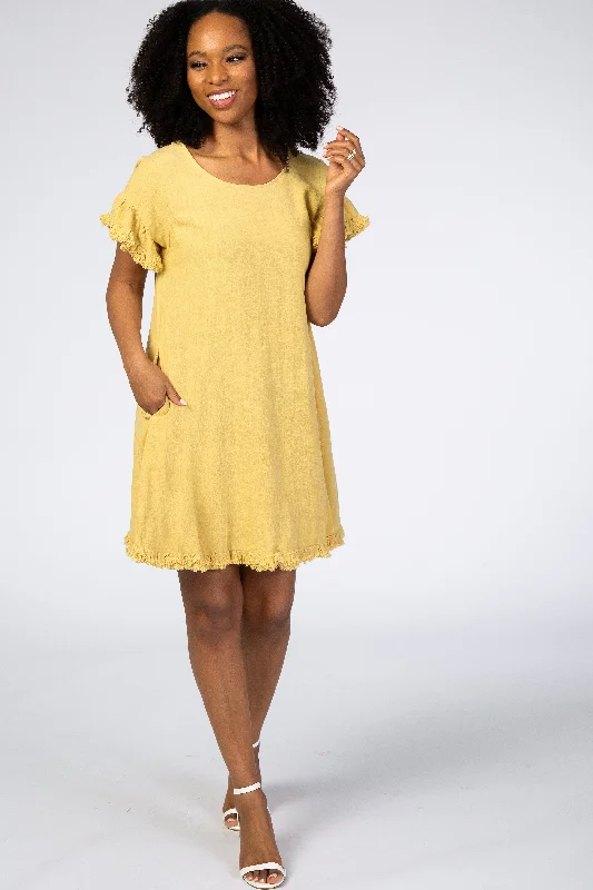 Elastic Dresses for Fit -Yellow Fringe Linen Dress