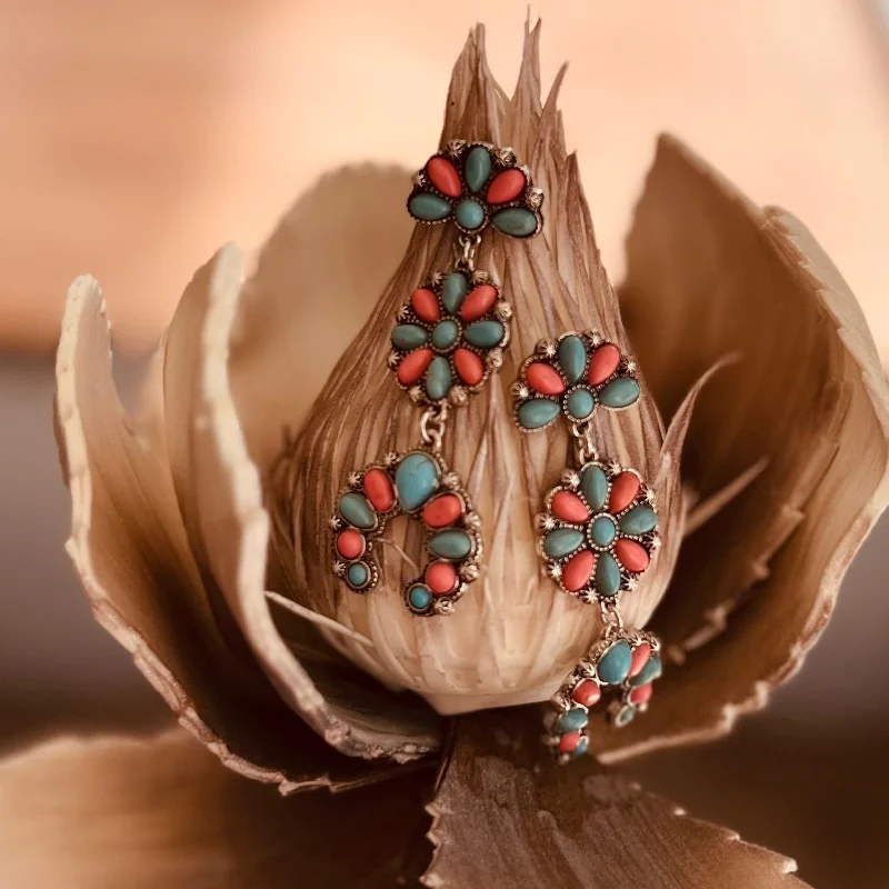 Floral Drop Earrings with Petals -Pink And Turquoise 3 Tier Earrings