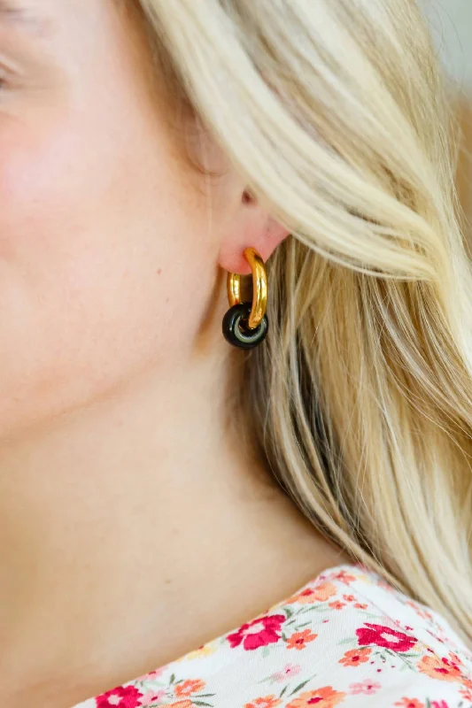 Drop Earrings with Leaf Motifs -Women's Dark Drops Beaded Huggie Earrings In Gold/black