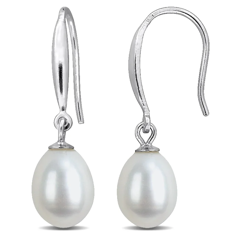 Drop Earrings for Anniversary -Miadora 7-8mm Cultured Freshwater Pearl Slim Shepherd Hook Earrings Sterling Silver