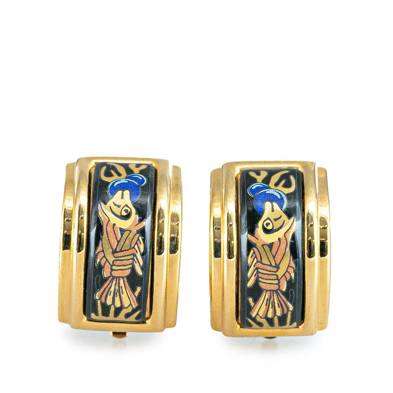 Drop Earrings with Symbolic Elements -Hermes Enamel Fish Motif Earrings Gold