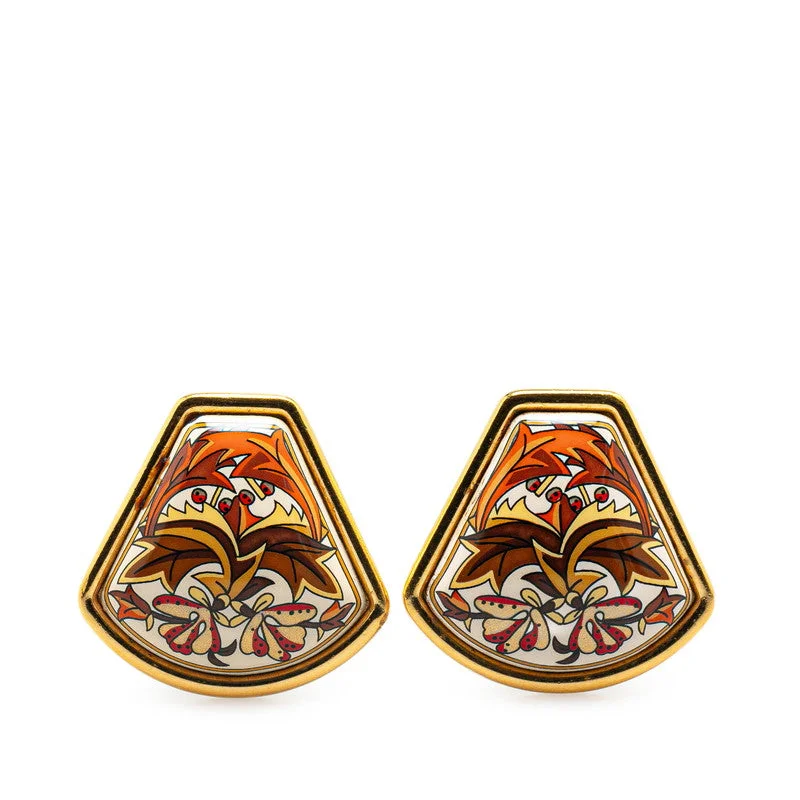 Magnetic Closure Drop Earrings for Easy -Hermes Enamel Floral Motif Earrings Gold