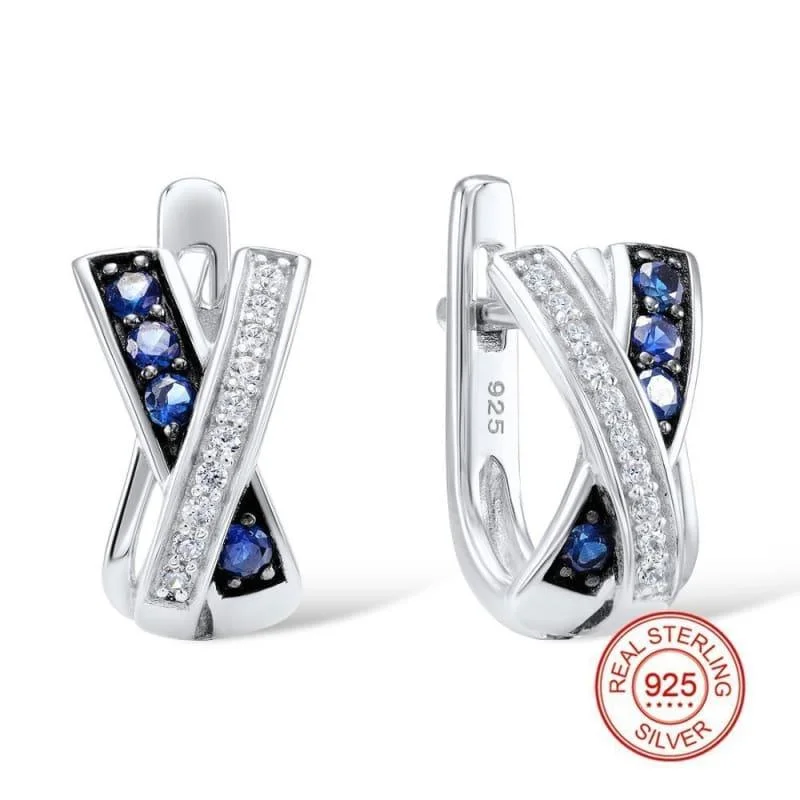 Drop Earrings with Debossed Designs -Blue 925 Sterling Silver with Stones Cubic Zirconia Stud  Earrings