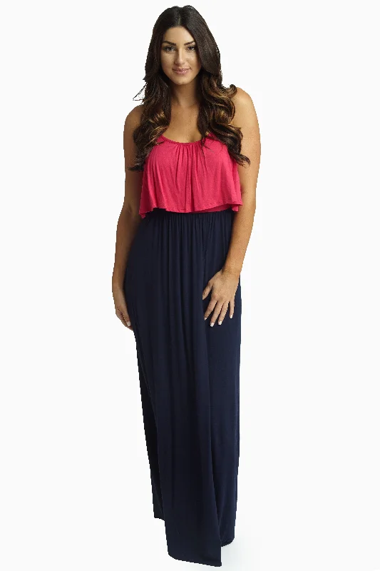 Beaded Dresses for Glamour -Navy Blue Fuchsia Overlay Maxi Dress