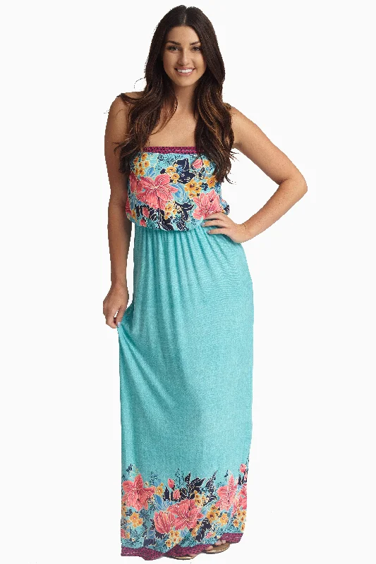 Office Dresses for Business -Aqua Tropic Floral Strapless Maxi Dress