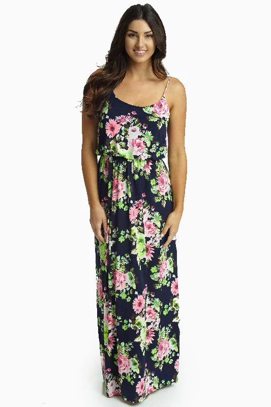 Bridesmaid Dresses for Ceremony -Navy Blue Vibrant Floral Maxi Dress