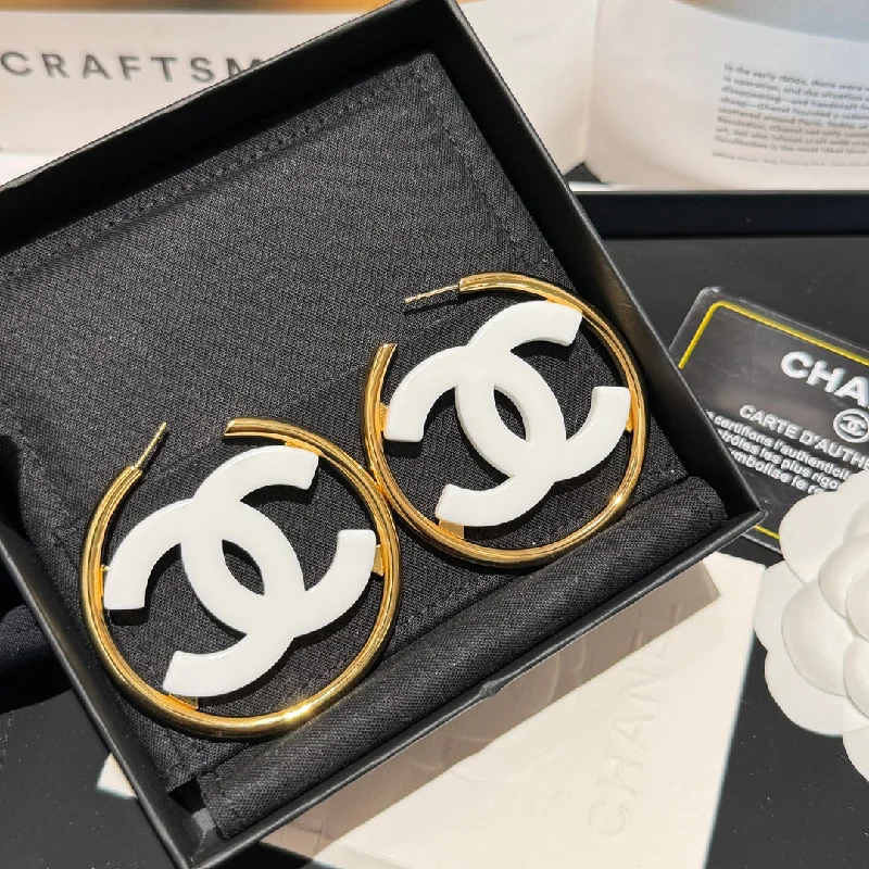 Vintage Drop Earrings with Patina -Chanel 24s hollow round frame double c white large earrings EHC80